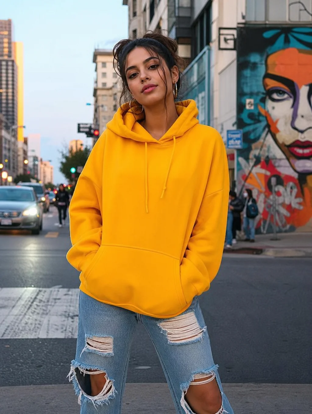 Model wearing structured vibrant street-pop top